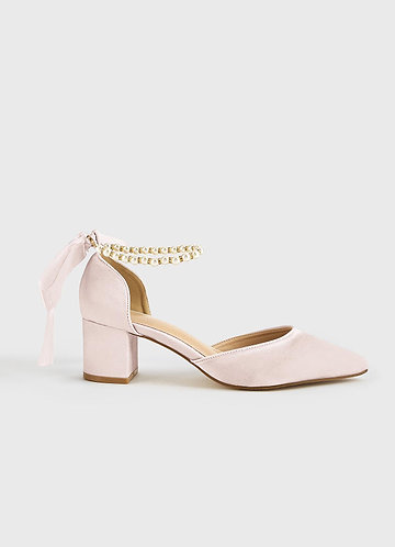 front Matching Color Matte Satin Pearl and Bow Pointed Toe Block Heels