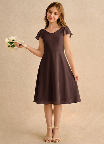 Azazie Narin Girls Formal Flower Girl Dresses Ganache A-Line with Sleeves Chiffon Dress image1
