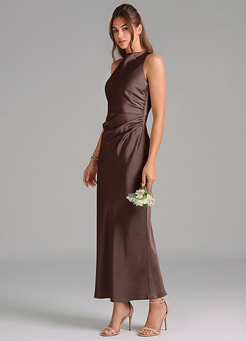 Azazie Evadne Bridesmaid Dresses Ganache Sheath Pleated Stretch Satin Dress image1