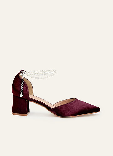 front Matching Color Metallic Satin Pearl Strap Pointed Toe Block Heels