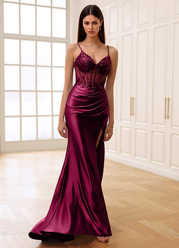 Marguerite Burgundy Corset Rhinestone Sheer Lace Prom Dress image1