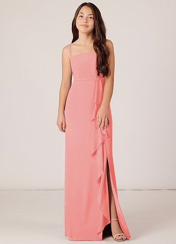 Azazie Kaylee Junior Vestido Coral de Chiffon de Linha A com com cinto image1