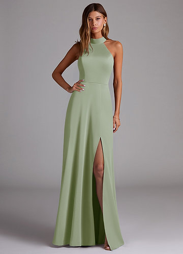 green emerald velvet dress Maureen Light Green Satin High-Neck Draped Maxi Dress – Club L London main image 1
