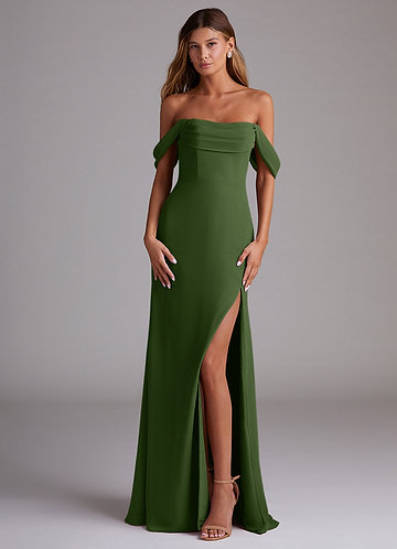 Azazie Saige Bridesmaid Dresses Vestir Oliva de Chiffon de Linha A com Fora do ombro image1