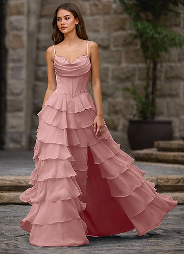 Floralace Roz Deschis Rochie de bal cu volane, linie A front