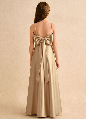 Azazie Joella Girls Formal Robes de Fillette d'Honneur Robe Trapèze en Satin extensible Plissée Champagne image1