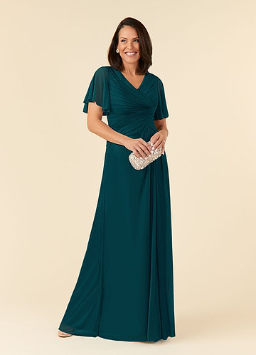 Azazie Emmeline Mother of the Bride Dresses Pine A-Line V-Neck Pleated Mesh Dress image1