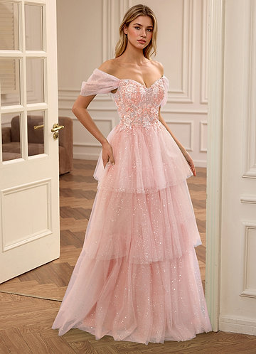 Genevieve Rosa Vestido de baile de renda com decote ombro a ombro image1