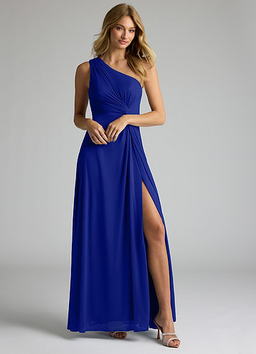 Azazie Brooke Vestidos de Dama de Honor Vestido Royal Blue de Malha de Linha A com Um ombro image1