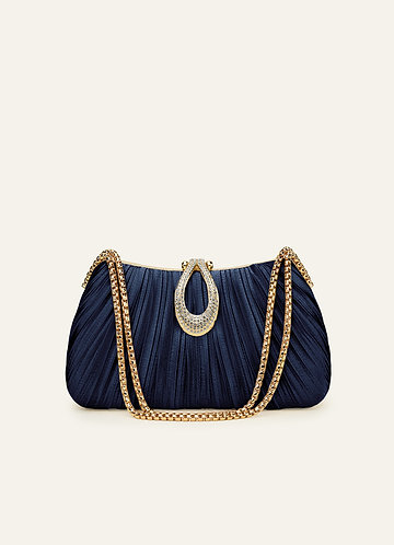 front Matching Color Crystal Buckle Pleated Satin Clutch Bag