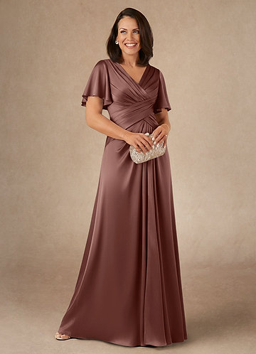Emmeline Mother of the Brides Dresses Espresso A-Line Pleated Stretch Satin Dress image1
