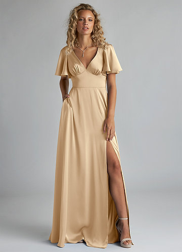 Azazie Kimber Bridesmaid Dresses Champagne A-Line Ruched Stretch Satin Dress image1