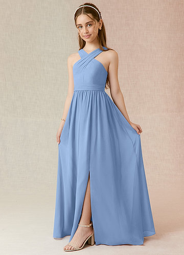 Azazie Jiya Junior Steel Blue A-Line Pleated Chiffon Dress image1