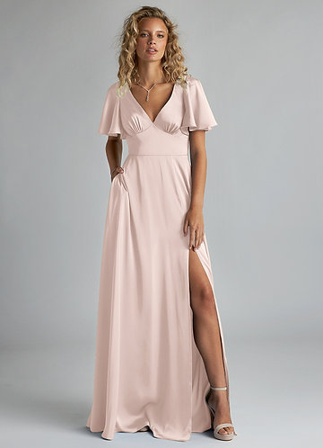 pink pleated bridesmaid dress BABARONI Chiffon Dusty Rose Bridesmaid Dresses V-neck Floor-length Long  Sleeve Pleated with Slit Ruched Mermaid