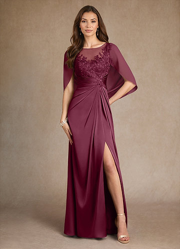 Azazie Hera Vestidos de Madre de la Novia Vestido de Mora de Satén Elástico de Corte En A con Encaje image1