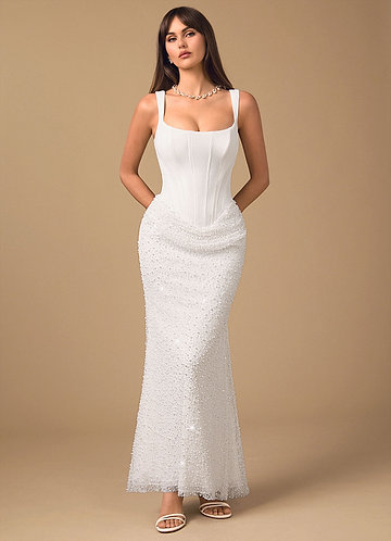 long white evening dresses uk Rosalee Cream Long-Sleeve Cowl-Back Maxi Dress With Bows – Club L London main image 1