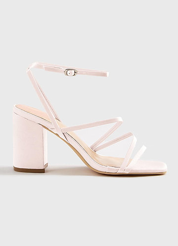 front Matching Color Matte Satin Ankle Strap Block Heel Sandals