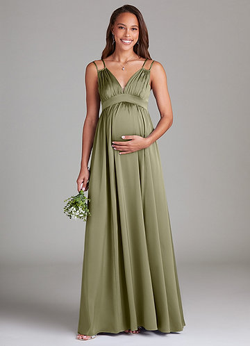 Azazie Emree Maternity Bridesmaid Dresses A-Line Stretch Satin Floor-Length Dress with Pockets image1
