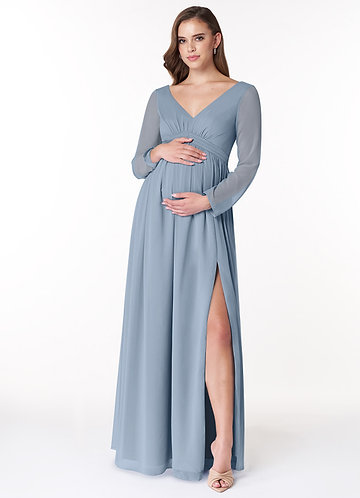 Azazie Teton Maternity Bridesmaid Dresses A-Line Long Sleeve Chiffon Floor-Length Dress image1