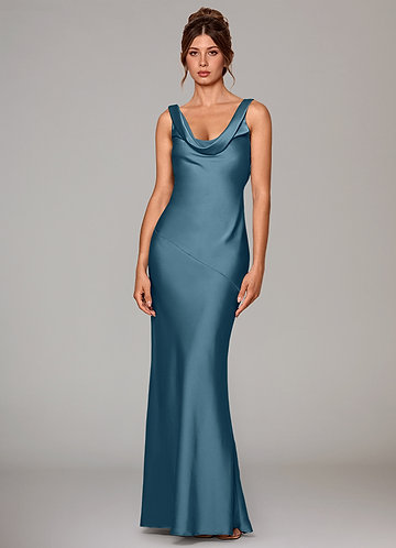 Azazie Mermaid Cowl Neck Floor-Length Stretch Satin Bridesmaid Dresses - Bermuda