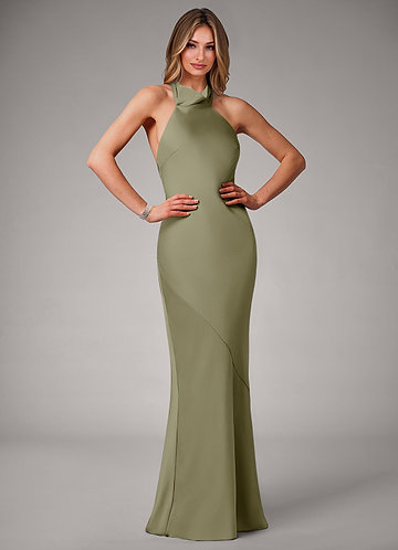Azazie Velli Vestidos Dama de Honor Vestido de Pistacho de Satén Elástico de Corte Sirena con Cuello Alto image1