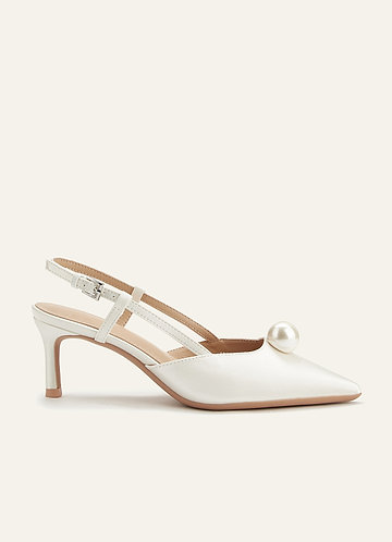 front Satin Pearl Pointed Toe Kitten Heel