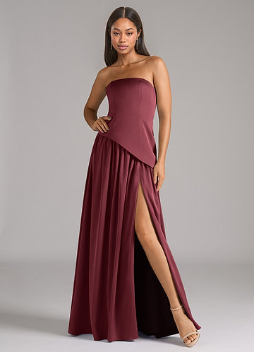 Azazie Adeline Vestidos Dama de Honor Vestido de Merlot de Satén Elástico de Corte en A Convertible con Sin tirantes image1