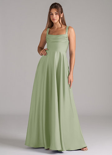 Azazie Shaude Bridesmaid Dresses Dusty Sage A-Line Pleated Stretch Satin Dress image1