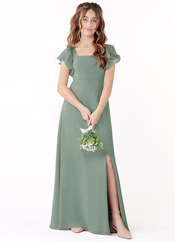 Azazie Bondi Junior Silver Sage A-Line Bow Chiffon Dress image1