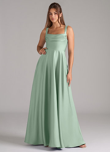Azazie Shaude Bridesmaid Dresses Agave A-Line Pleated Stretch Satin Dress image1