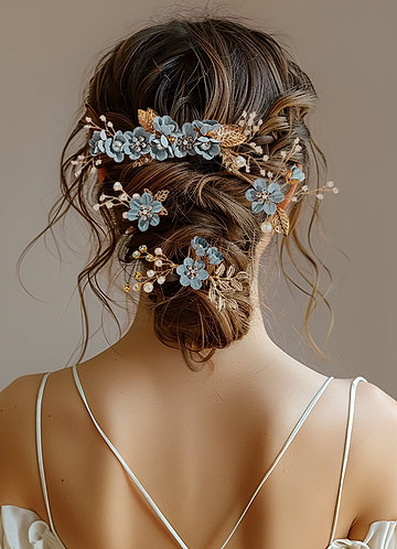 front Blue Floral Hair Comb Set