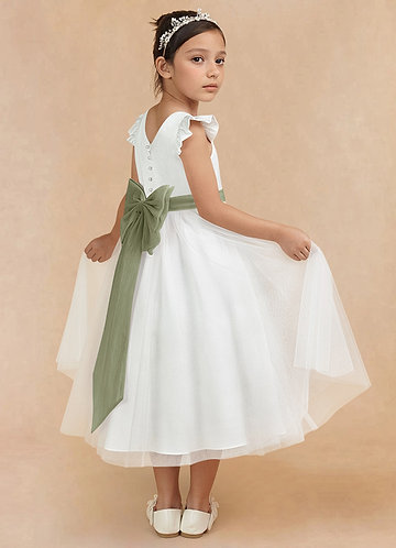 Azazie Hemi Flower Girl Dresses Ivory Pistachio A-Line Bow Tulle Dress image1
