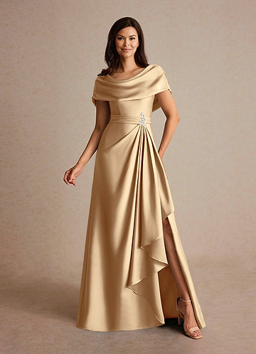 Azazie Branford Mother of the Brides Dresses Champagne A-Line Pleated Stretch Satin Dress image1