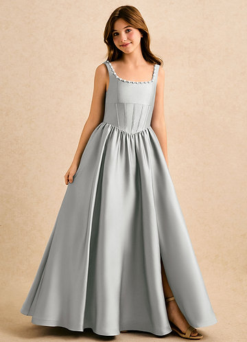 Azazie Enid Girls Formal Kukkaistyttöjen mekot A-linja Helmillä koristeltu Joustava satiini Lattian pituus Pukeutua image1