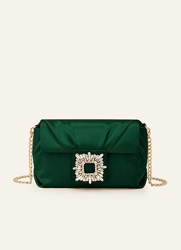 front Matching Color Stretch Satin Rhinestone Square Buckle Clutch