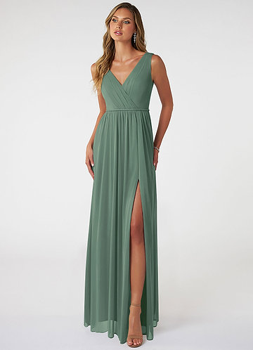 Azazie Tanicia Bridesmaid Dresses Eucalyptus A-Line V-Neck Pleated Mesh Dress image1