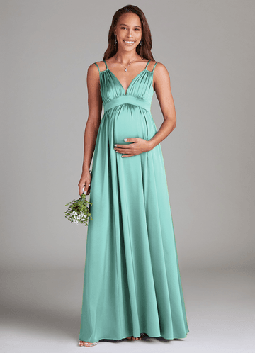 Azazie Emree Maternity Bridesmaid Dresses A-Line Stretch Satin Floor-Length Dress with Pockets image1