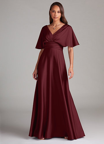 Azazie Pamela Robes Demoiselle d'honneur Robe Trapèze en Satin extensible Plissée Cabernet image1