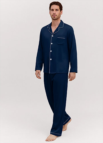 front Dark Navy Męski komplet piżamowy z długim rękawem i satyną
