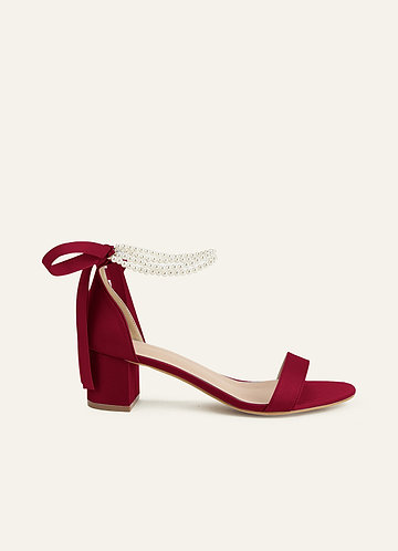 front 매칭 컬러 매트 새틴 펄 & 리본 오픈 토 청키 힐 샌들