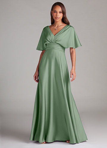 Azazie Pamela Robes Demoiselle d'honneur Robe Trapèze en Satin extensible Plissée Matcha image1