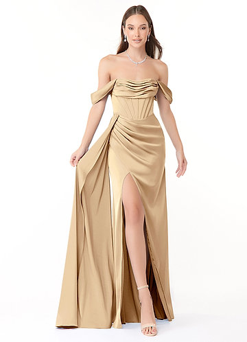 Azazie Amyra Bridesmaid Dresses Champagne Sheath Convertible Stretch Satin Dress image1