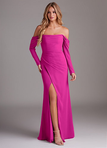chinese dress ladies Diane Fuchsia Magenta Embellished Long Sleeves Modest Gown – unmatchedbyu main image 0