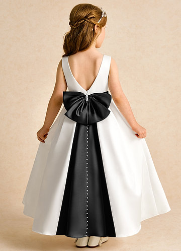 Azazie Cherry Flower Girl Dresses Ivory Black Ball-Gown Pleated Matte Satin Dress image1