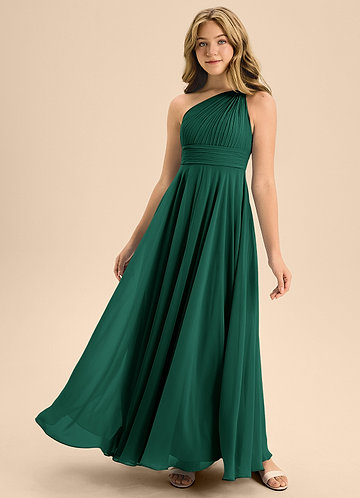 Azazie Charlize Junior Emerald A-Line Pleated Chiffon Dress image1