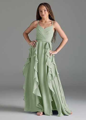 Azazie Peyton Junior Vestir Dusty Sage de Chiffon de Linha A com Plissado image1
