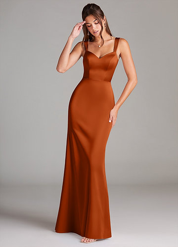 Azazie Denice Vestidos Dama de Honor Vestido de Naranja Quemada de Satén Elástico de Corte Recto con Plisado image1