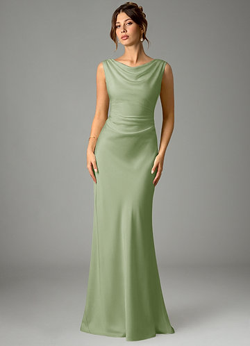 Azazie Kieryn Robes Demoiselle d'honneur Robe Sirène en Satin extensible Plissée Vert Sauge image1