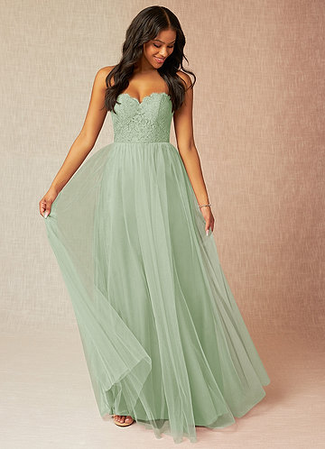 Azazie Roni Brudtärneklänningar Klä av A-Linje i Tyll Älskling Halsringning Dusty Sage Konvertibel image1