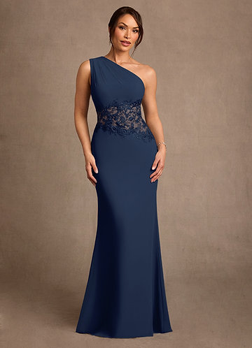 Azazie Kathie Robe Mère de la Mariée & du Marié Robe Sirène en Mousseline de soie Dentelle Bleu Marine Foncé image1